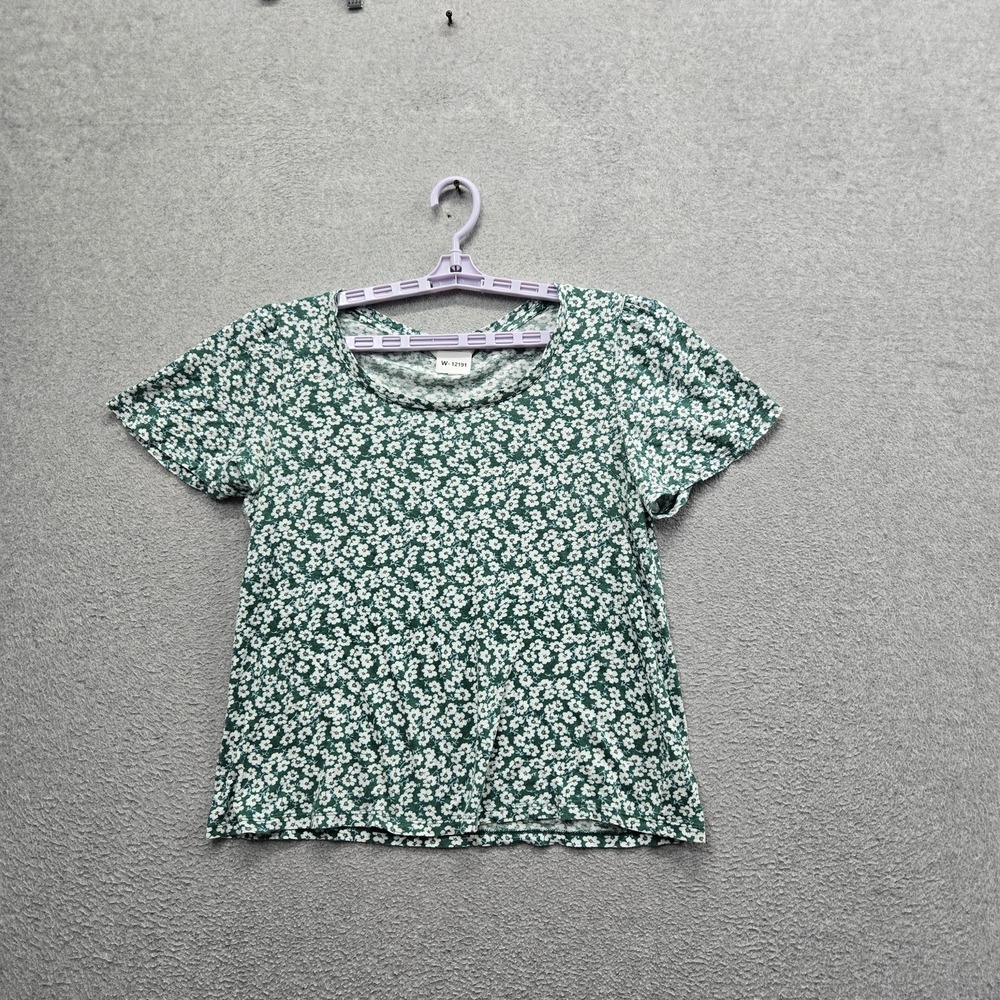 Lucky Brand Women Shirt M Green Floral Scoop Neck Pullover Short Sleeve